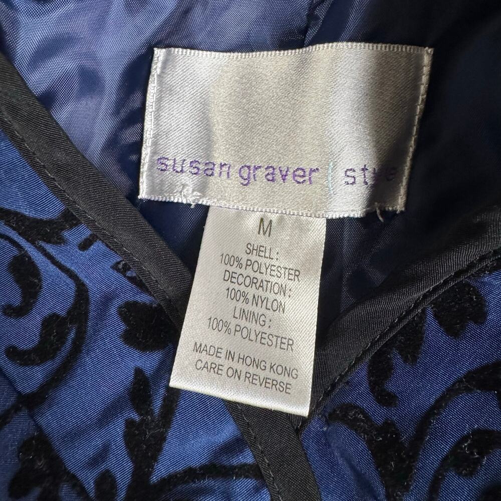 Susan Graver Blue Flocked Jacket Mandarin Collar Snap Front whimsygoth Womens M - Picture 3 of 8